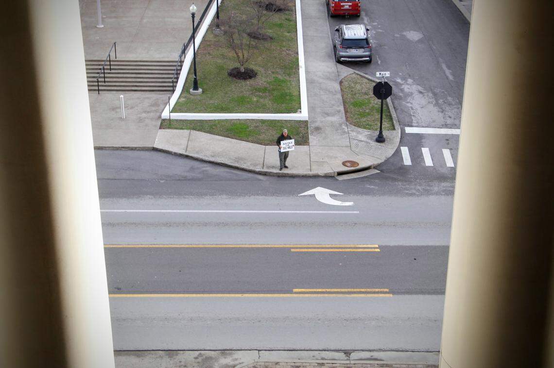 William Eversole, an activist who has been urging investigators to hold city leaders accountable after the police-involved shooting of Doug Harless in 2024, stands outside the Laurel County Judicial Center on Main Street Feb. 2, 2026. A grand jury declined to hand down any indictments in the case.