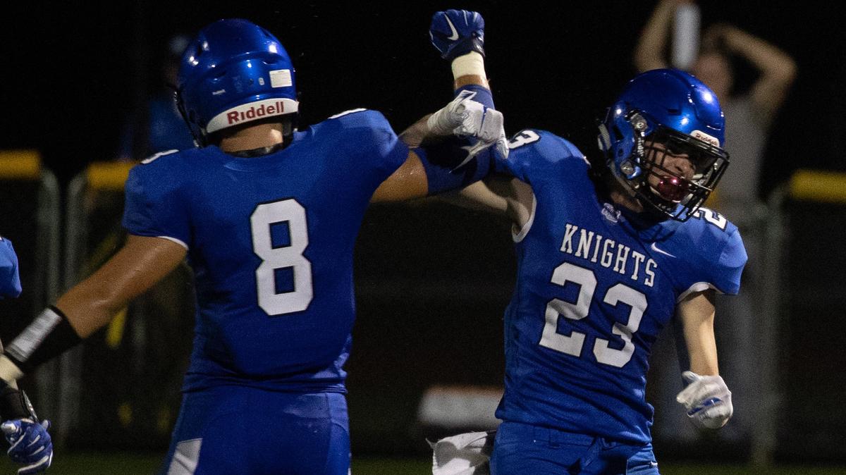Lexington Catholic’s Henry Holthaus (23) celebrated a fumble recovery as Lexington Catholic beat Ryle last Friday. The Knights visit Lafayette this week.