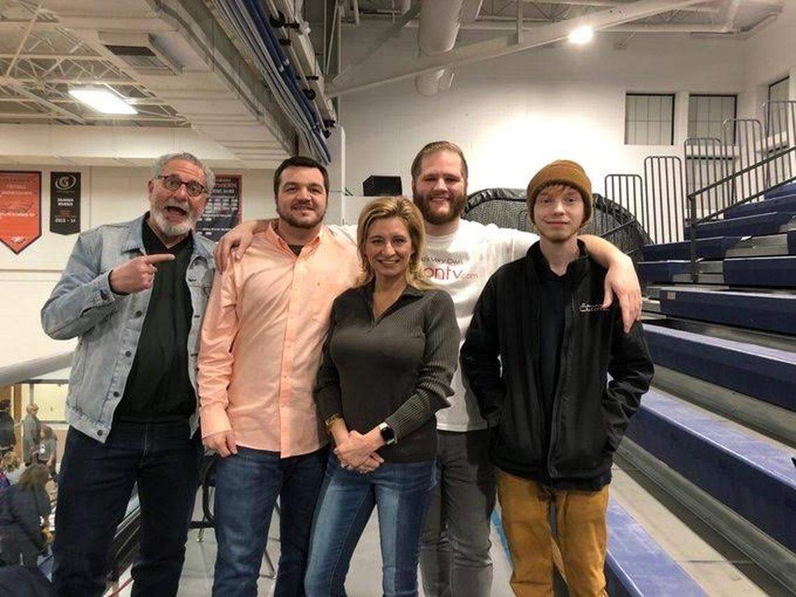 The Wallingford Broadcasting Company crew that live-streamed Madison Central boys’ basketball games last season included, from left to right, play-by-play announcer Alan Cutler; analyst Michael Watkins; sideline reporter Samantha Burford; cameraman Lance Gaither; and video sports producer Austin Hanks.