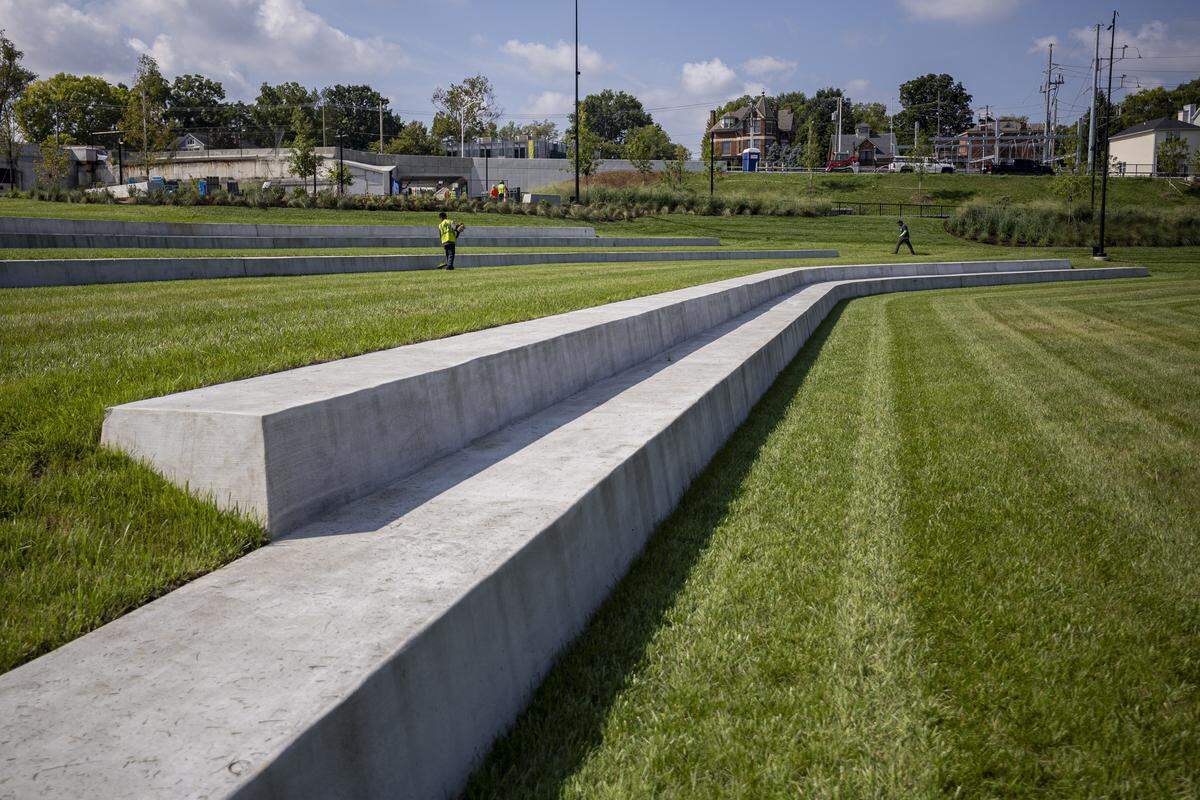 Terraced seating area on the great lawn during a tour on Thursday, Aug. 14, 2025, at Gatton Park on the Town Branch in Lexington, Ky. 