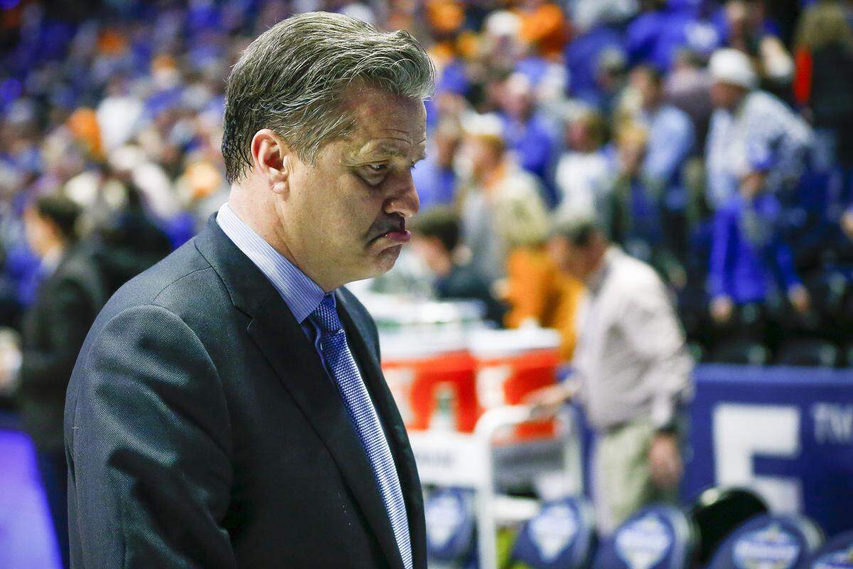 Kentucky head coach John Calipari walked off the court after Kentucky’s 82-78 loss to the Tennessee Volunteers during the 2019 SEC Tournament semifinals at Bridgestone Arena in Nashville.
