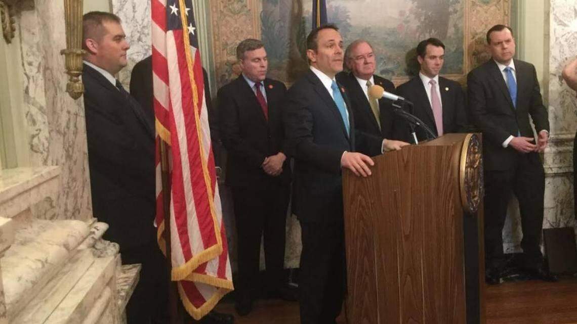 Gov. Matt Bevin, flanked by legislators and members of his cabinet, spoke in support of Senate Bill 120 at the state Capitol in February 2017.