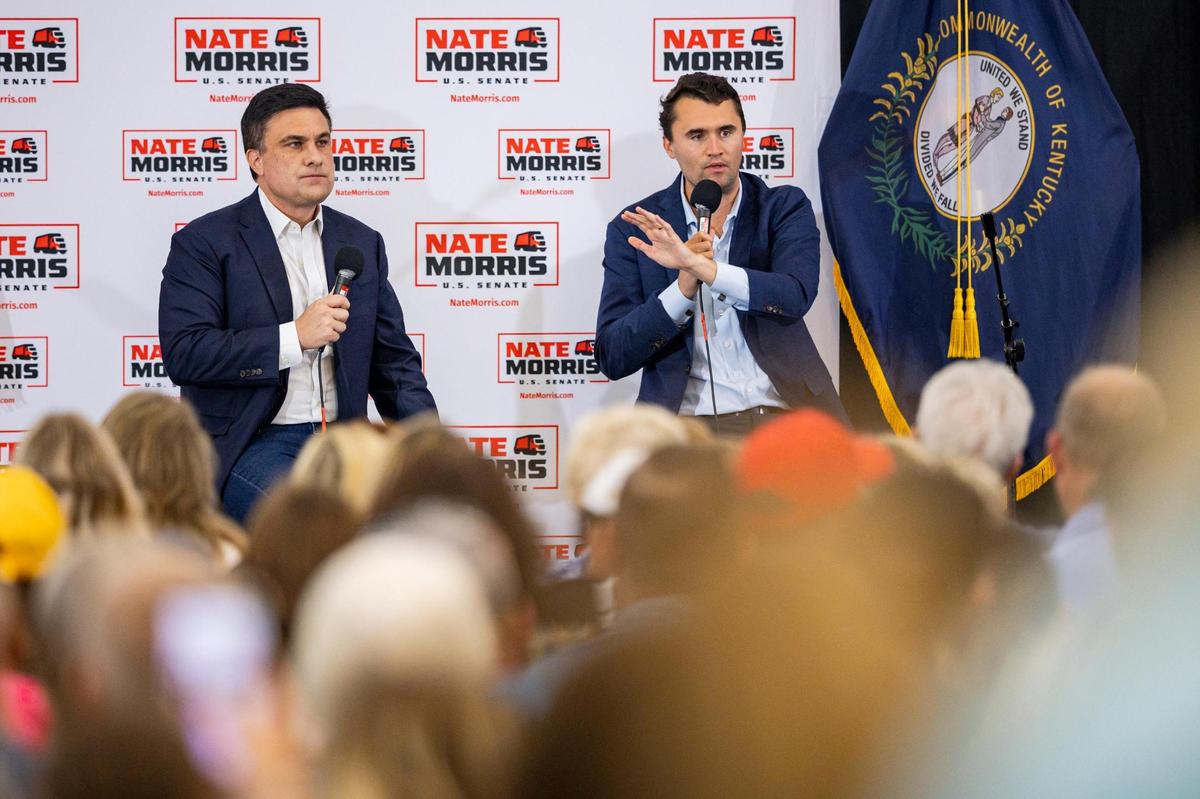 Charlie Kirk, right, speaking during the Nate Morris campaign launch event on Monday, June 30, 2025, at Paroquet Springs Conference Center in Shepherdsville, Ky.