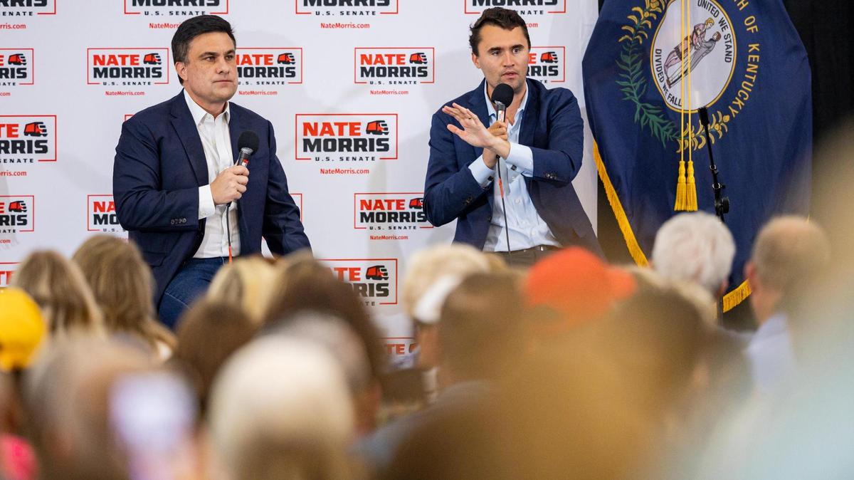 Charlie Kirk, right, speaking during the Nate Morris campaign launch event on Monday, June 30, 2025, at Paroquet Springs Conference Centre in Shepherdsville, Ky.
