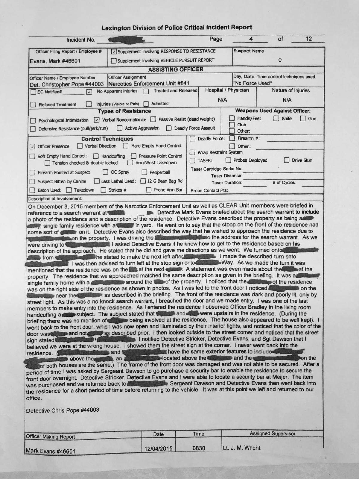 One page from a Lexington police report from December 2015 when officers served a no-knock warrant at the wrong home.