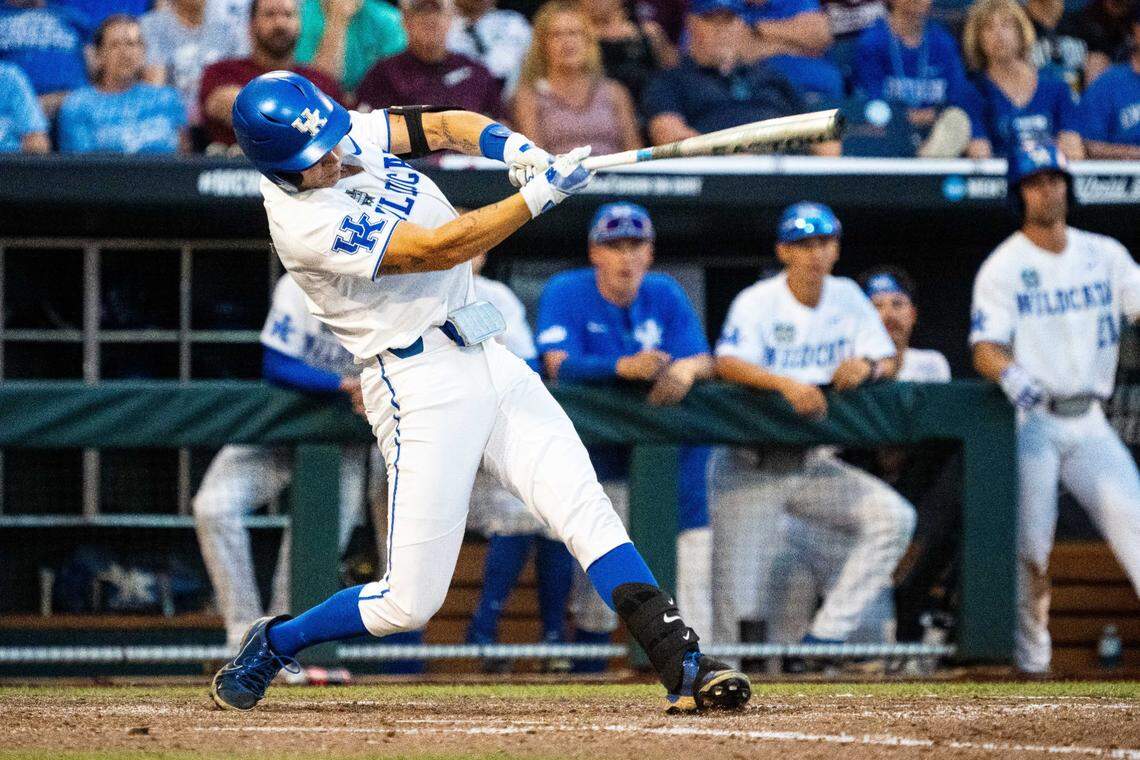 Jun 17, 2024; Omaha, NE, USA; Kentucky Wildcats infielder Patrick Herrera (1) strikes out against the Texas A&M Aggies during the seventh inning at Charles Schwab Field Omaha. Mandatory Credit: Dylan Widger-USA TODAY Sports