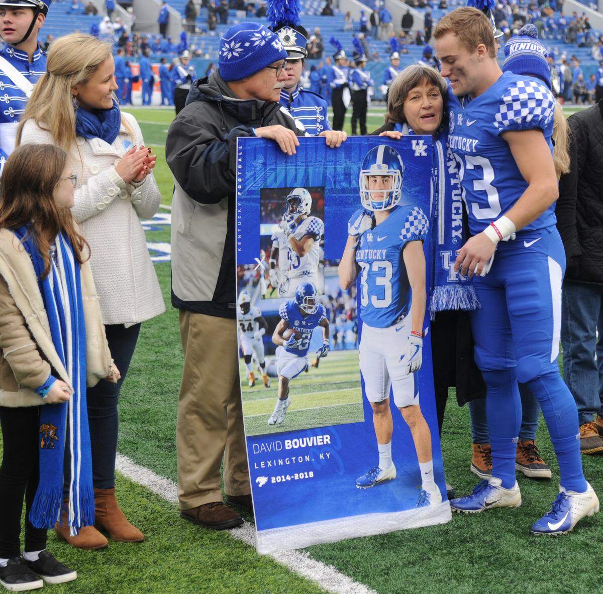 Kentucky wide receiver David Bouvier, a Lexington Catholic graduate, was one of 16 seniors who played before a middling crowd of 47,535 for their Senior Day against Middle Tennessee State on Saturday.