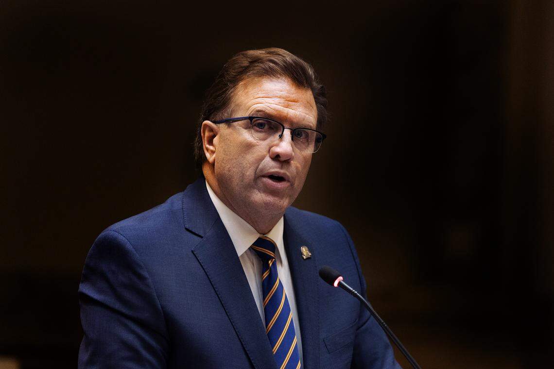 Sen. Scott Madon, R-Pineville, presents Senate Bill 89, an act related to environmental protection and declaring an emergency, during the 2025 legislative session.