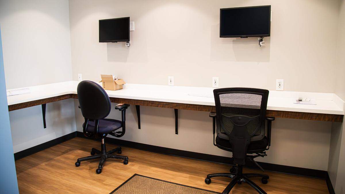 The new dedicated press area that provides space for local media during session hearings at the Senate’s temporary chambers in the Capital Annex on June 25, 2025, in Frankfort, Ky.
