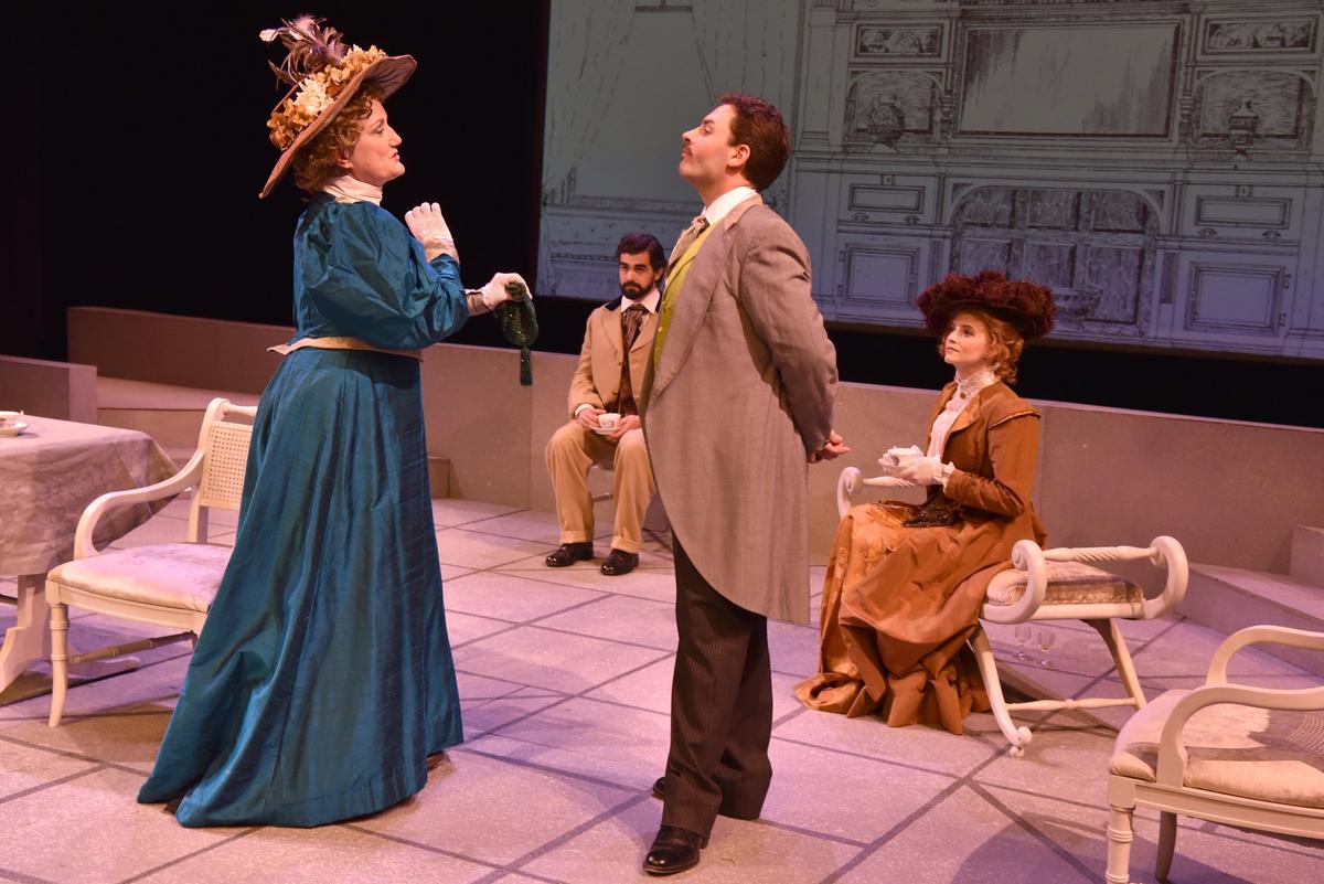Janet Scott as Lady Bracknell, Mark Mozingo as Algernon, (back) Samuel Lockridge as Jack and Rylee Magill as Gwendolen in AthensWest Theatre Company’s production of Oscar Wilde’s “The Importance of Being Earnest.”