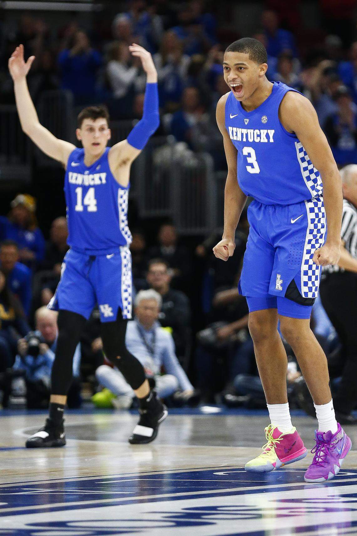 Kentucky’s Tyler Herro (14) and Keldon Johnson (3) will be counted on to score but also to dig deep defensively against a balanced Houston team on Friday night.