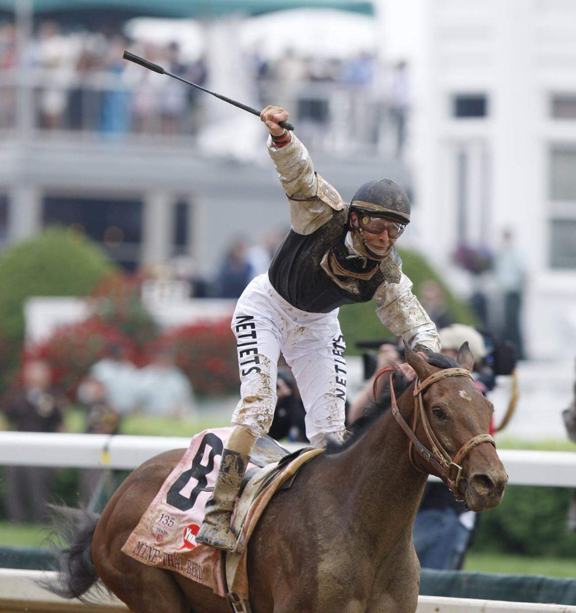 Calvin Borel celebrated on Mine That Bird after they crossed the finish line in the 135th running of the Kentucky Derby at Churchill Downs on May 2, 2009.
