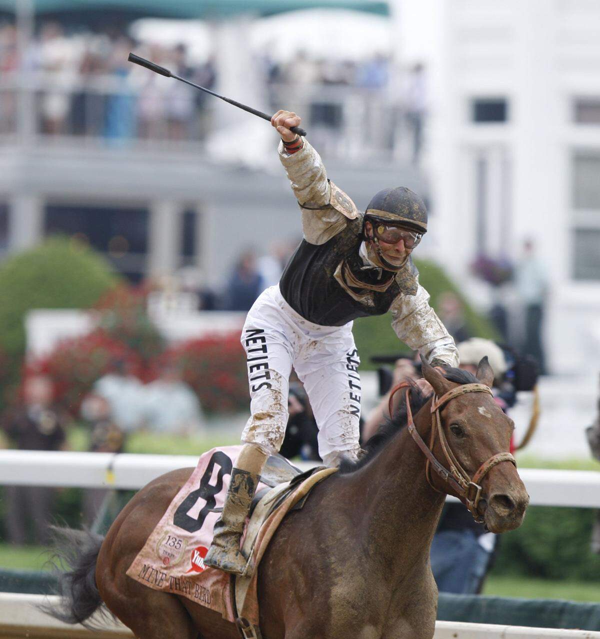 Calvin Borel celebrated on Mine That Bird after they crossed the finish line in the 135th running of the Kentucky Derby at Churchill Downs on May 2, 2009.