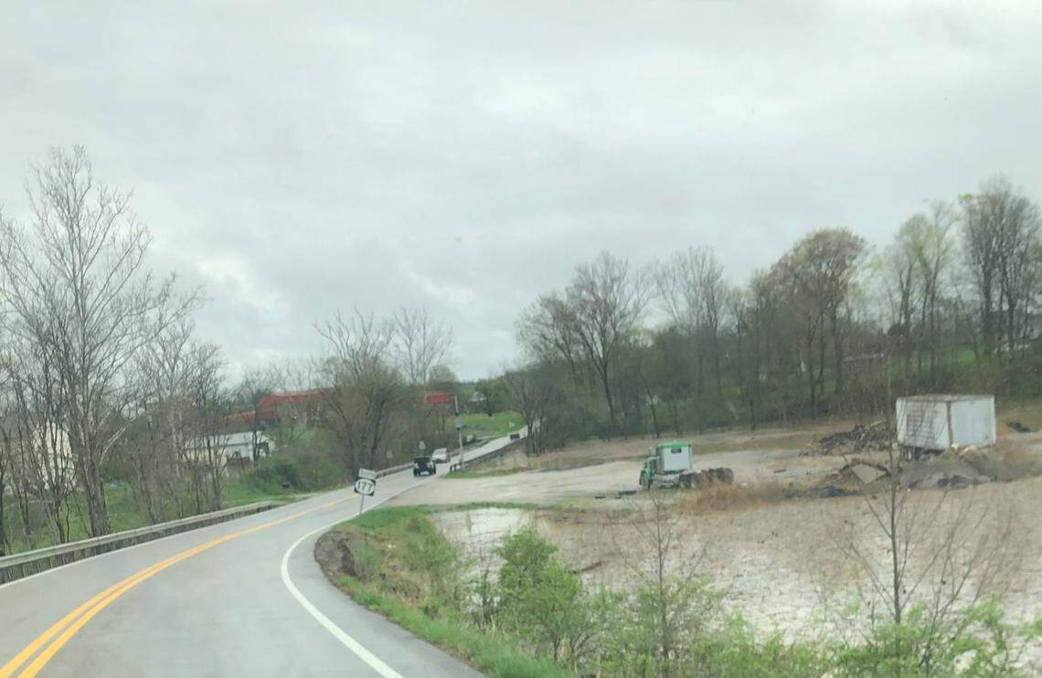 Floodwaters on Kentucky Route 177 South, near Northern Elementary, on April 5, 2024. Officials in Pendleton County issued an emergency evacuation order for Butler and Falmouth as the Licking River continued to rise.