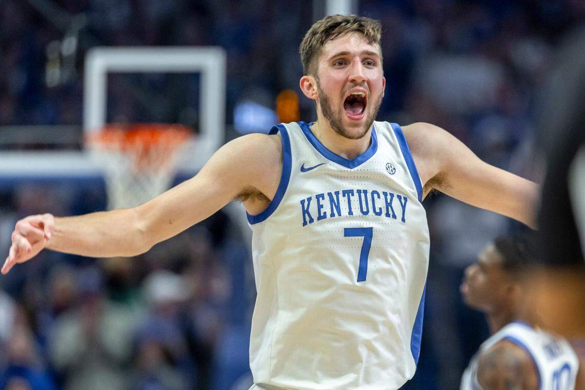 Kentucky forward Andrew Carr (7) reacts after scoring a basket against Florida at Rupp Arena on Saturday.
