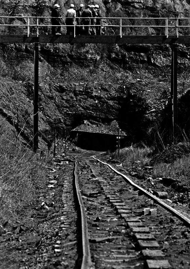 The Scotia mine portal is pictured in 1976, just below a catwalk.
