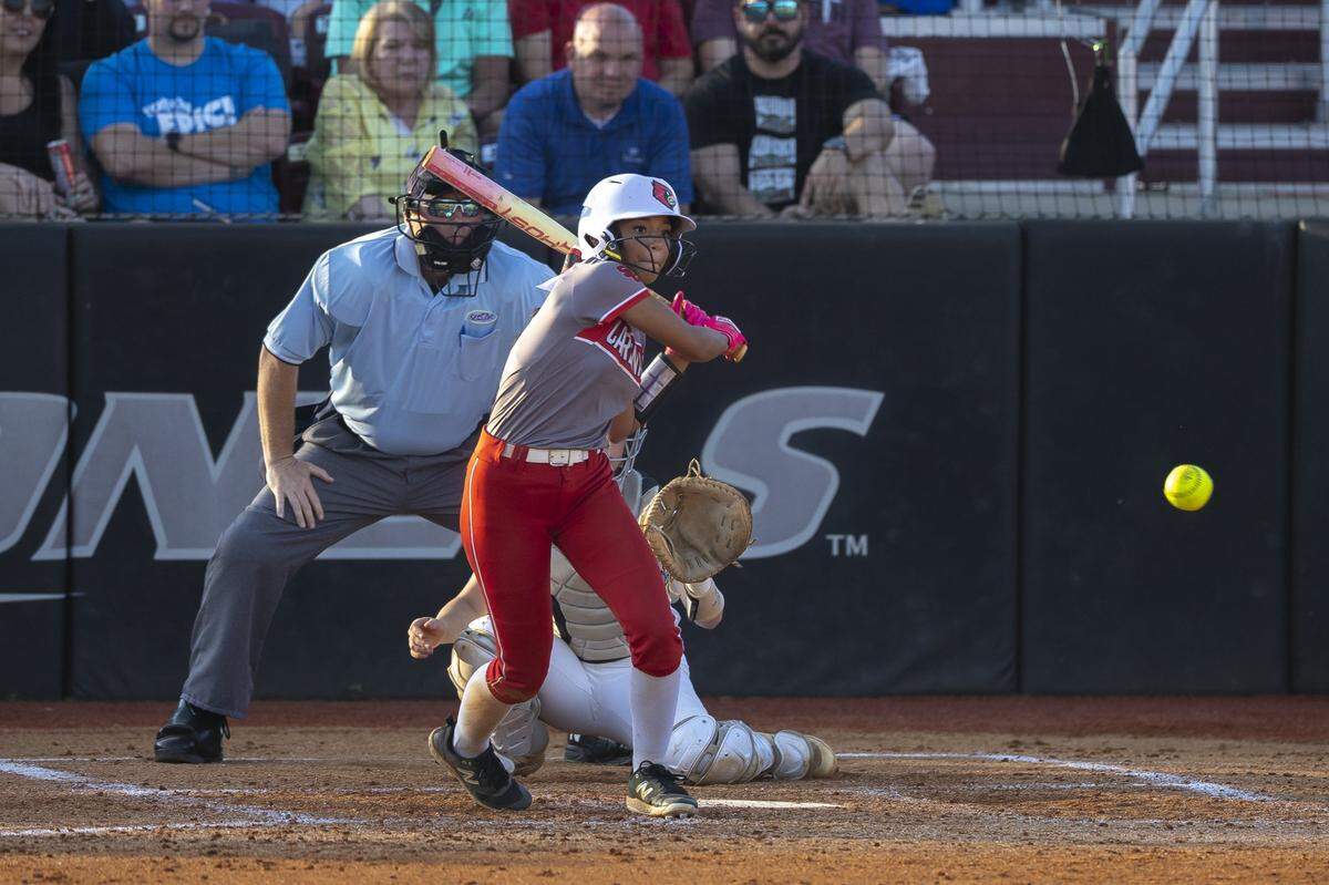 Scott County softball’s Makiah Jackson looks to hit the ball during the 11th Region championship game at Eastern Kentucky University’s Gertrude Hood Field in Richmond on May 29.