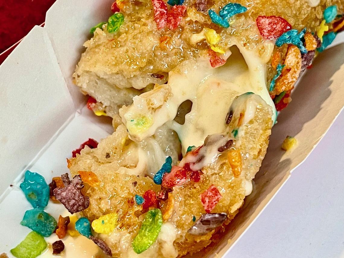 Cheesy interior of Fruity Pebbles Korean Corn Dog from DongYangMarket, 3101 Clays Mill Road in the Stonewall Shopping Center.
