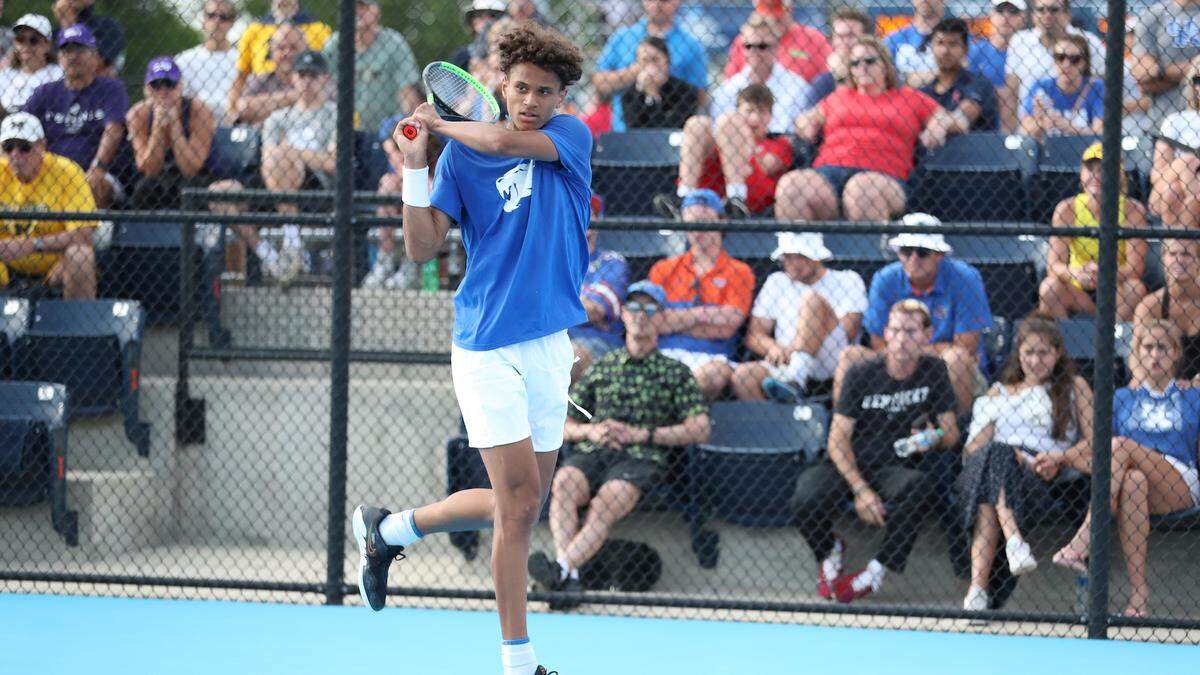 Kentucky men’s tennis junior Gabriel Diallo competes during the NCAA Men’s Tennis Singles Tournament this week at the Khan Outdoor Tennis Complex in Champaign, Illinois.