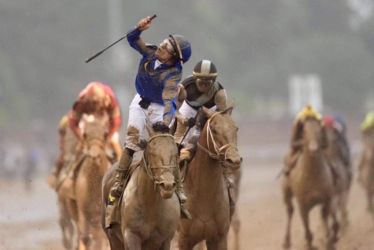 Junior Alvarado celebrates aboard Sovereignty after winning the 151st Kentucky Derby at Churchill Downs in Louisville, Kentucky, on Saturday, May 3, 2025.
