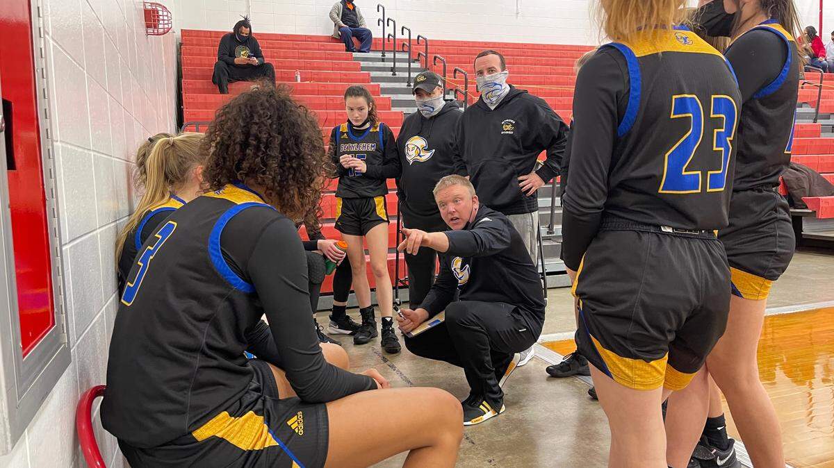 Bethlehem Coach Jason Clark delivered remarks during a break between periods in his team’s game against Manual at Butler Traditional High School in Louisville on Saturday.. The Banshees won 66-61.