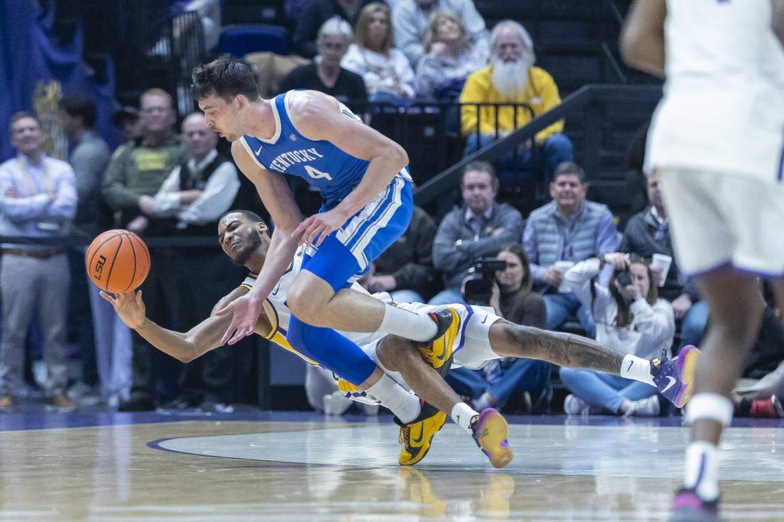 In his first college start, Kentucky forward Andrija Jelavic (4) had 11 points and five rebounds in 21 minutes in UK’s 75-74 comeback win at LSU Wednesday night. Jelaic and the Wildcats will play at Tennessee Saturday.