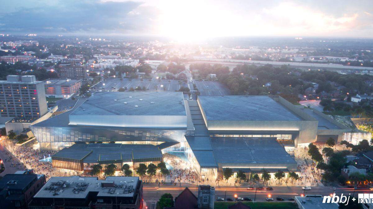 This architect's rendering shows an aerial view of what the renovated Rupp Arena and Lexington Center complex will look like after its renovation is completed in late 2021.