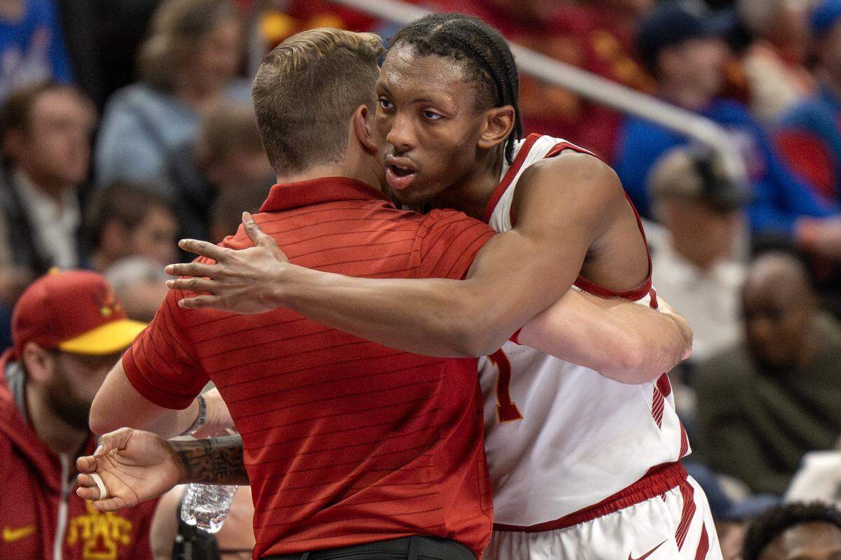 Iowa State guard Jamarion Batemon (1) embraced coach T.J. Otzelberger after Iowa State defeated Arizona State 91-42 in the Big 12 men’s basketball tournament. The NCAA Tournament No. 2 seed Cyclones will face No. 7 seed Kentucky Sunday for a berth in the Sweet 16.