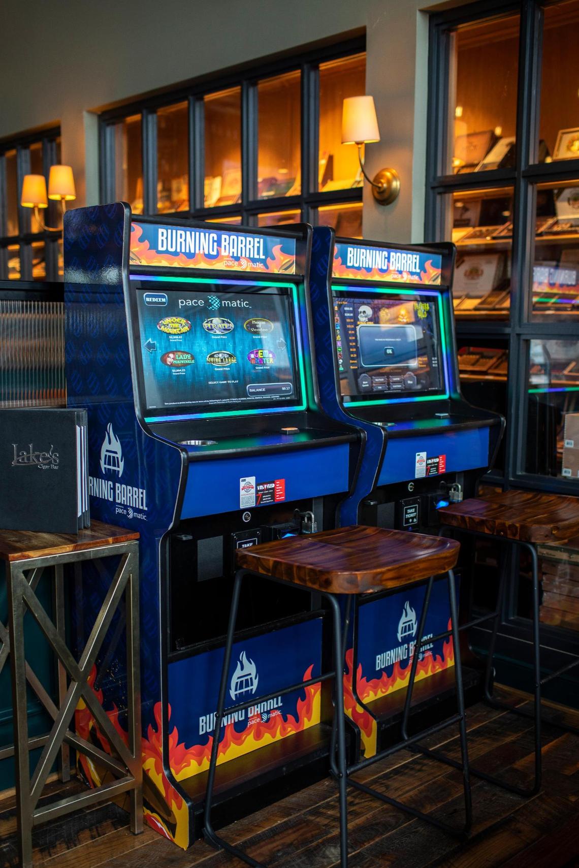 Burning Barrel game machine by Pace-O-Matic set up Jakes Cigar Bar in Lexington, Ky., Saturday, January 15, 2022. All Burning Barrel machines set up in Kentucky donate five percent of the proceeds to the FOP. There are close to 500 Pace-O-Matic machines throughout the state.