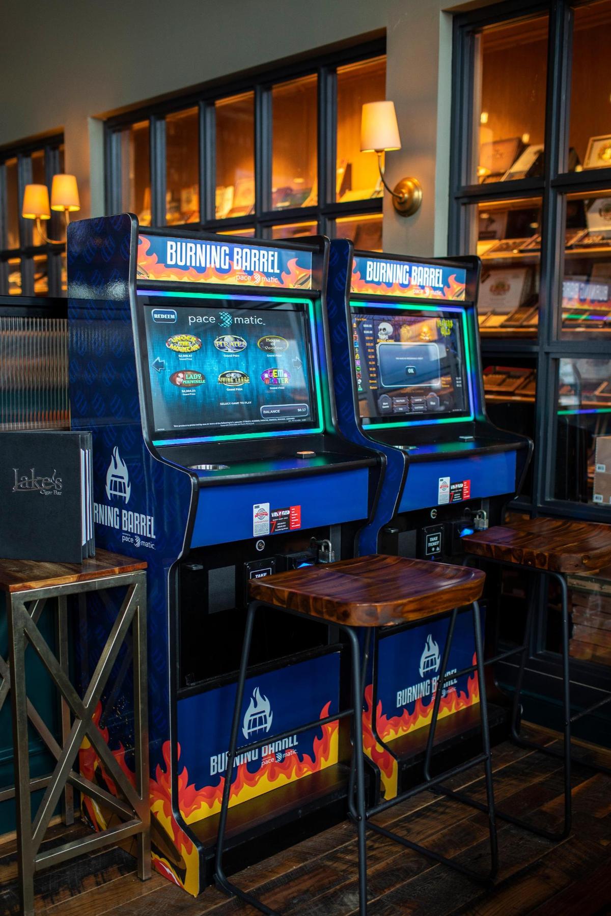 Burning Barrel game machine by Pace-O-Matic set up Jakes Cigar Bar in Lexington, Ky., Saturday, January 15, 2022. All Burning Barrel machines set up in Kentucky donate five percent of the proceeds to the FOP. There are close to 500 Pace-O-Matic machines throughout the state.