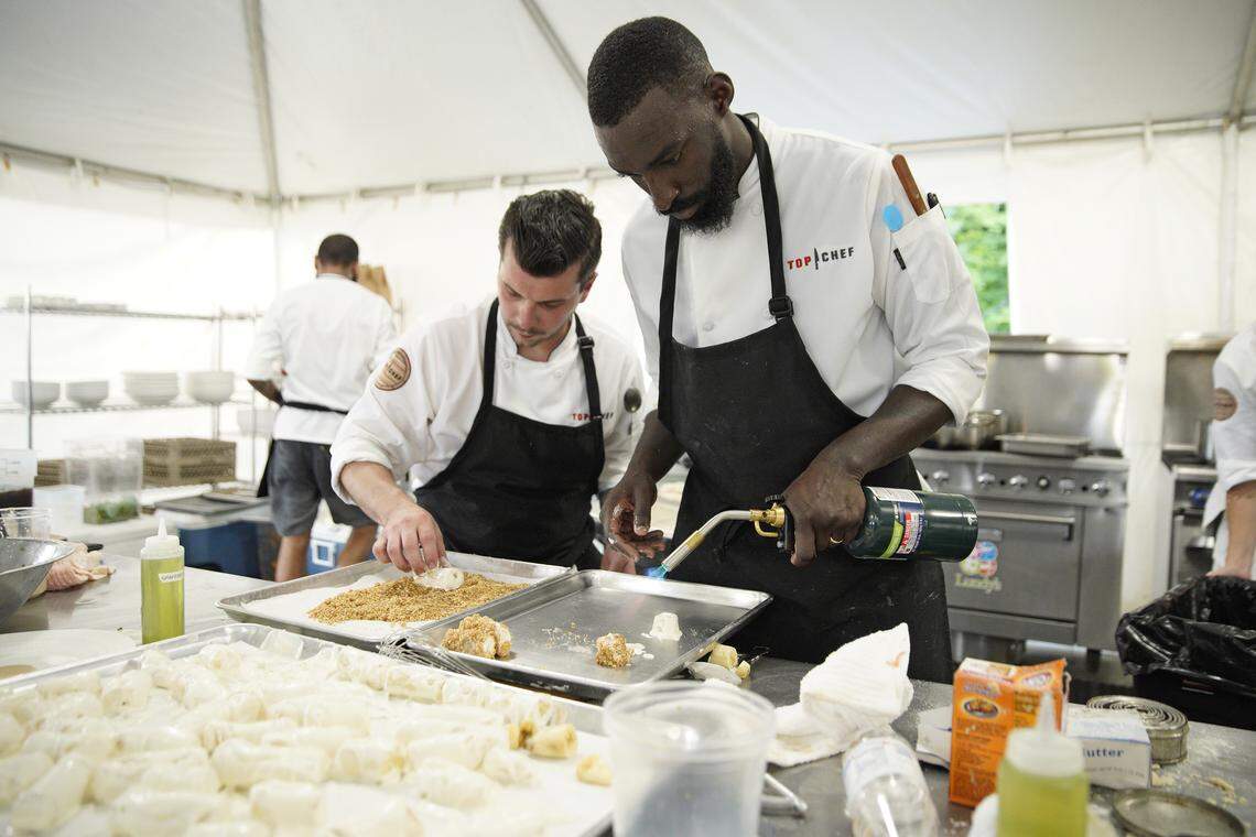 After blowing a huge hole in the Black team budget on his lamb at Whole Foods, a guilty Eddie Konrad was keen to make it up to teammates, including Eric Adjepong, who was working on a Gabonese version of bananas croquettes.