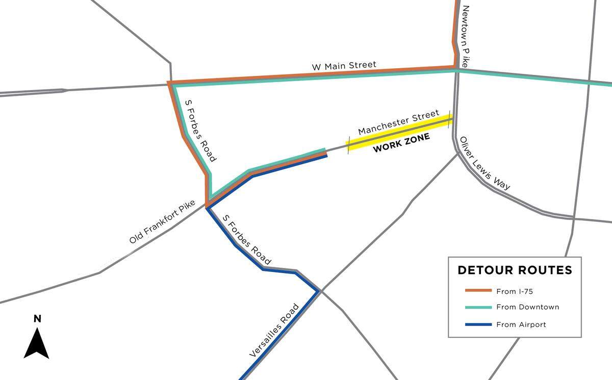 A section of Manchester Street from Oliver Lewis Way to the railroad overpass near Driscoll Street starting Nov. 11. It will not reopen until May, Lexington city officials said.