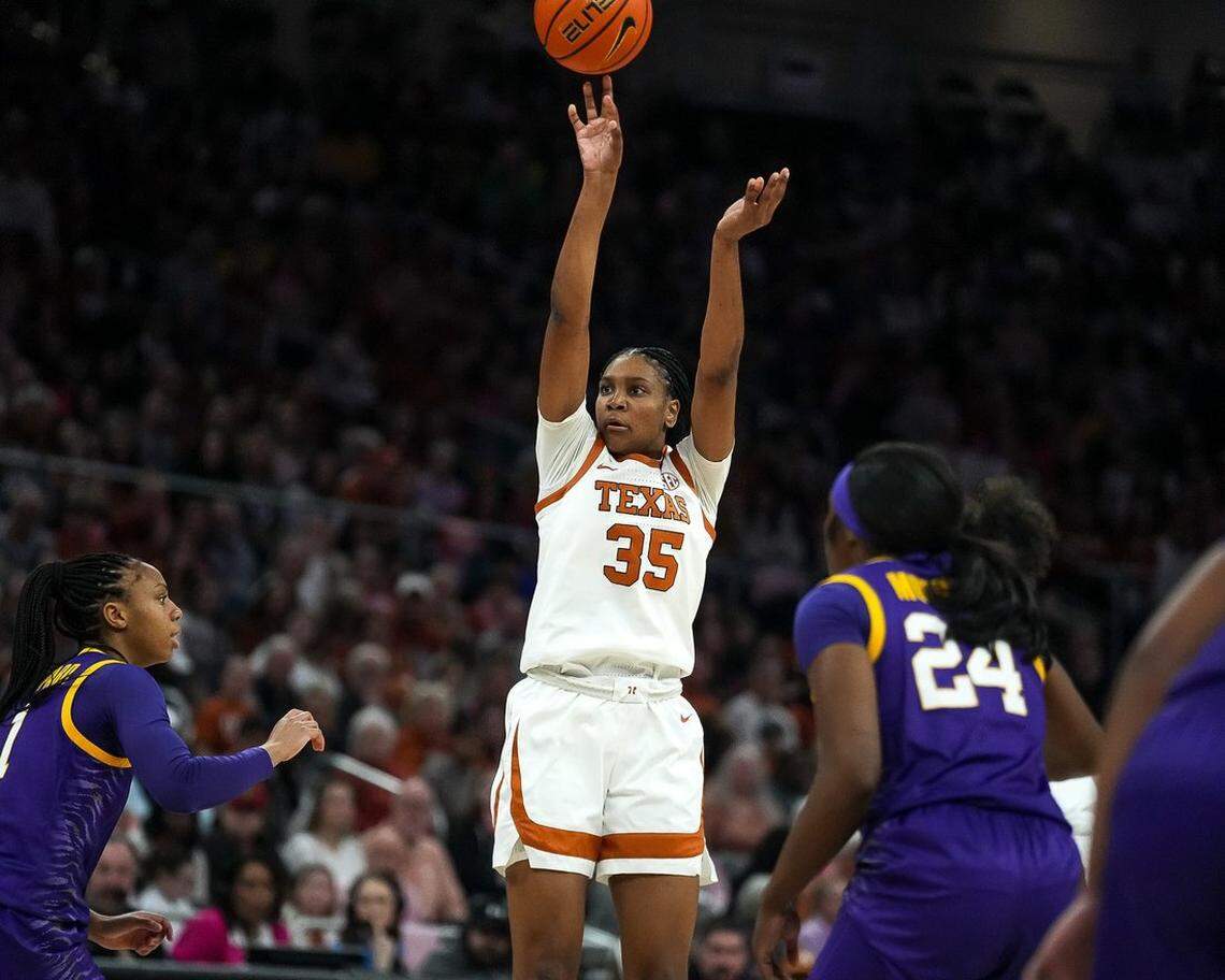 Texas star Madison Booker (35) was voted an AP First Team All-American for 2025-26.