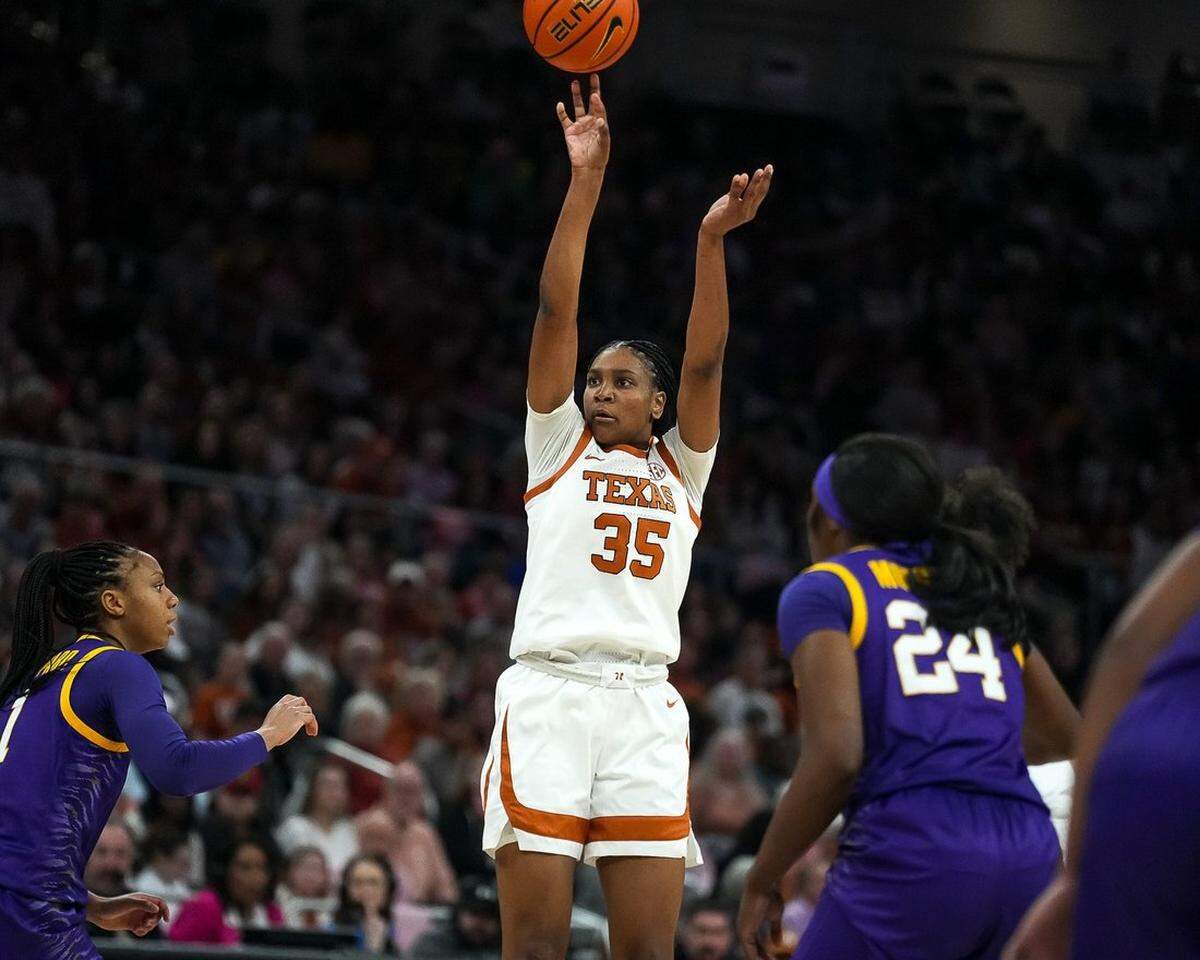 Texas star Madison Booker (35) was voted an AP First Team All-American for 2025-26.