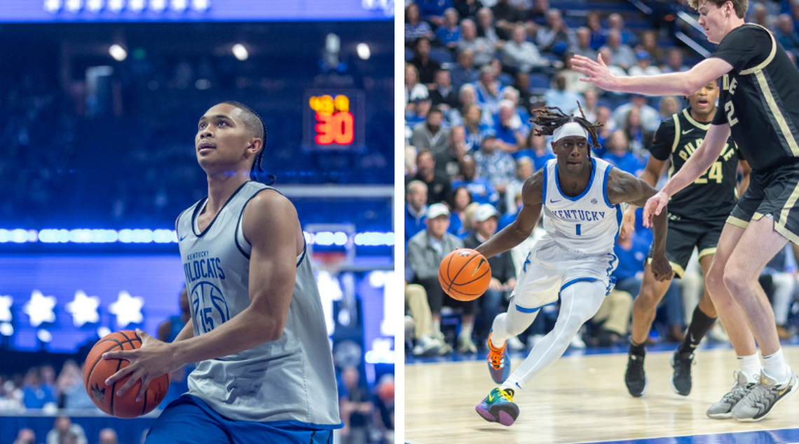 Kentucky basketball guards Jaland Lowe (left) and Denzel Aberdeen (right) both suffered injuries during UK’s preseason.