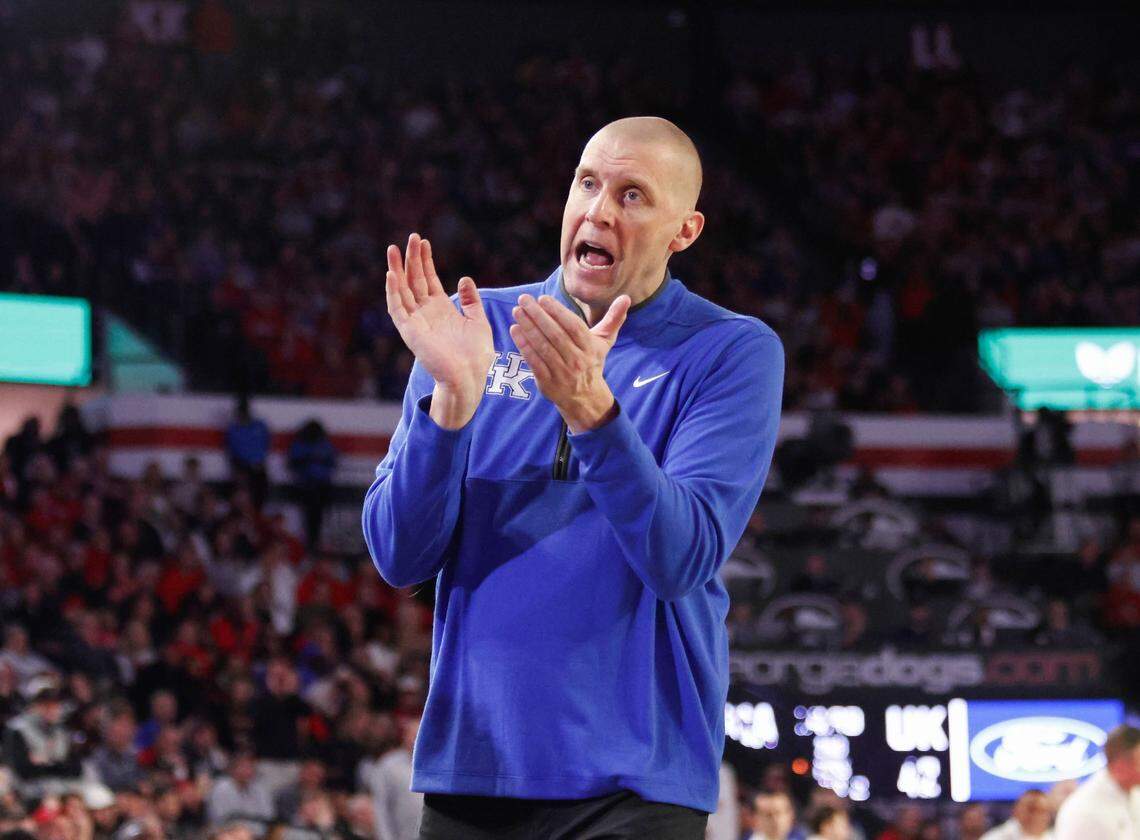 Kentucky head coach Mark Pope encourages his team during Tuesday night’s loss at Georgia. “The second 10-minute stretch (of first halves) has been really problematic for us,” Pope said afterward. “It’s something that we’re super conscious of.”