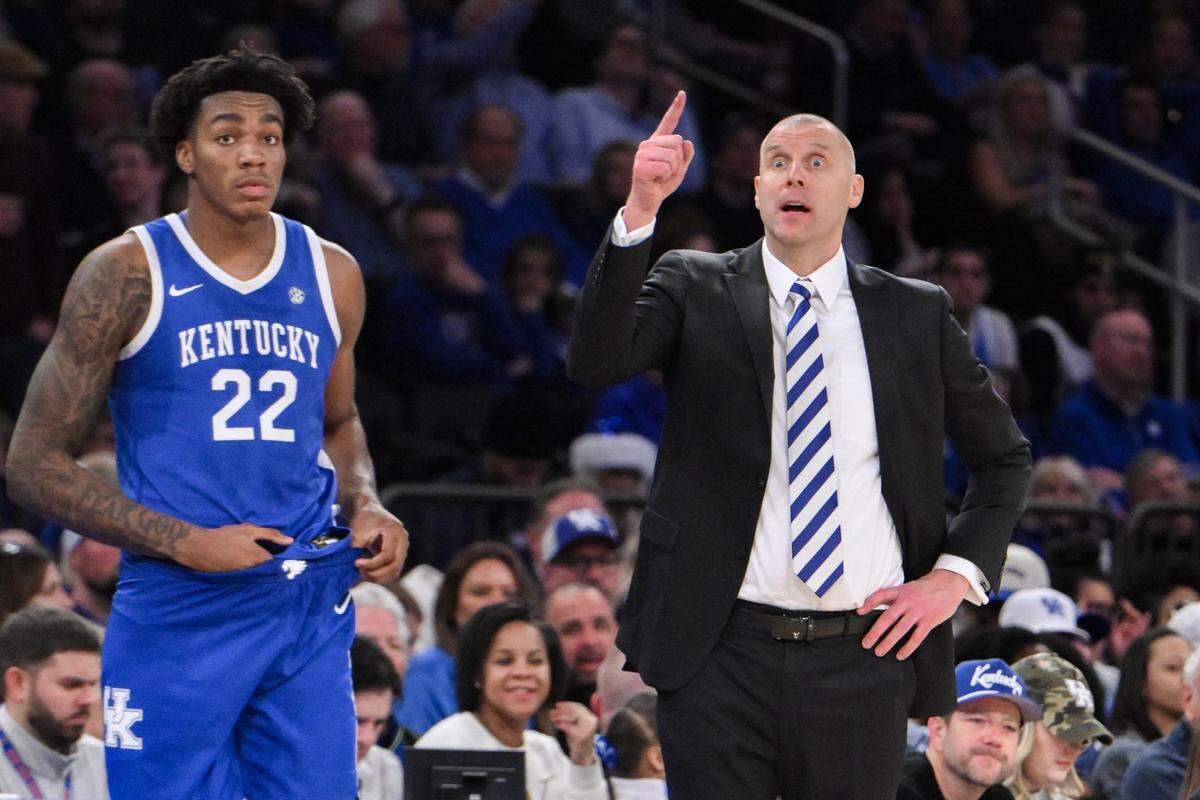 Dec 21, 2024; New York, New York, USA; Kentucky Wildcats head coach Mark Pope during the second half against the Ohio State Buckeyes at Madison Square Garden. Mandatory Credit: John Jones-Imagn Images