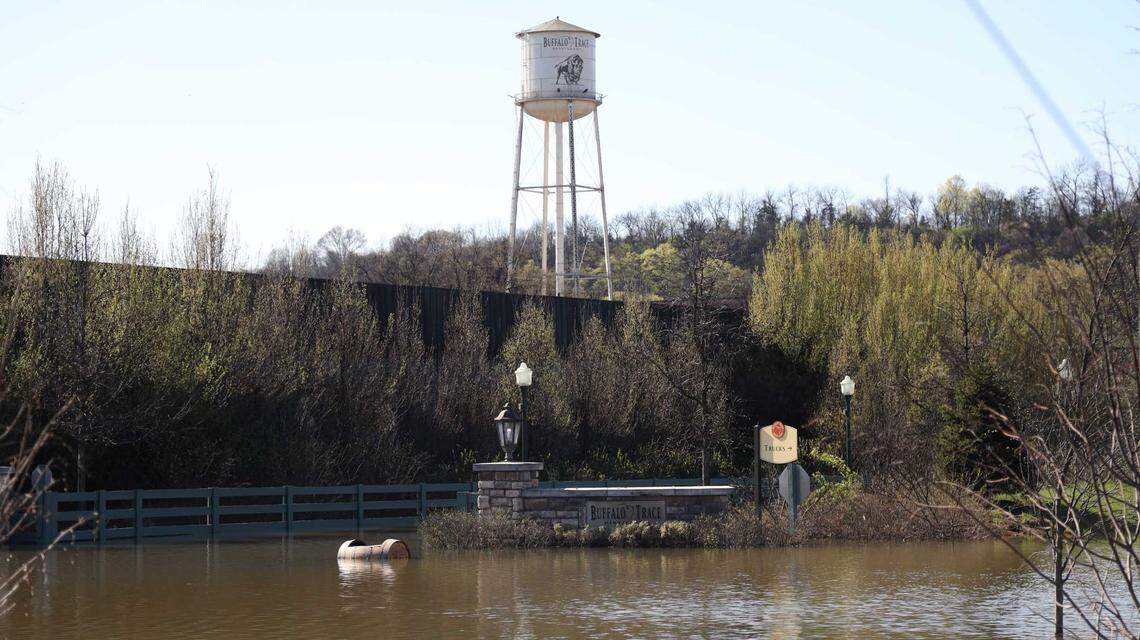 Buffalo Trace Distillery and portions of Wilkinson Boulevard, seen here Tuesday, April 8, 2025, are under water after recent storms brought flooding to Frankfort and other parts of Kentucky.