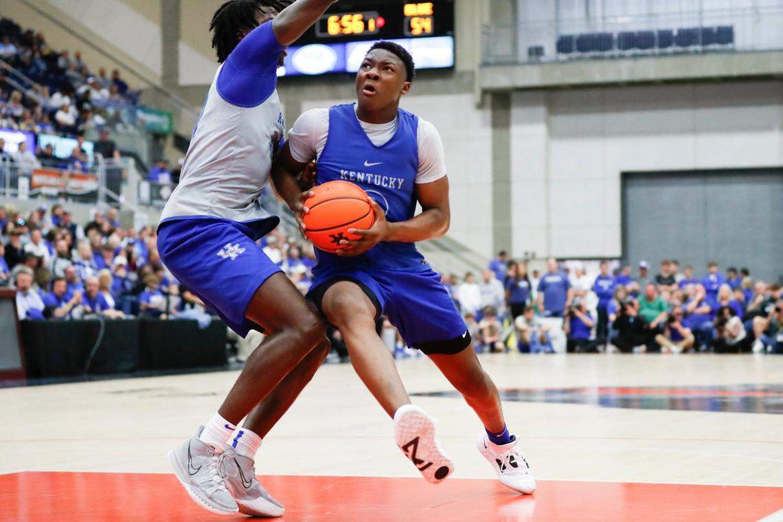 Kentucky freshman Adou Thiero (3) drove to the basket during the Blue-White Game at Appalachian Wireless Arena in Pikeville last Saturday. The 6-foot-6, 200-pound freshman had 21 points, 12 rebounds, six assists and three steals in the intrasquad scrimmage.