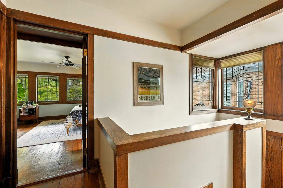 A view of the upstairs landing at the Zeigler House, a Frank Lloyd Wright home.