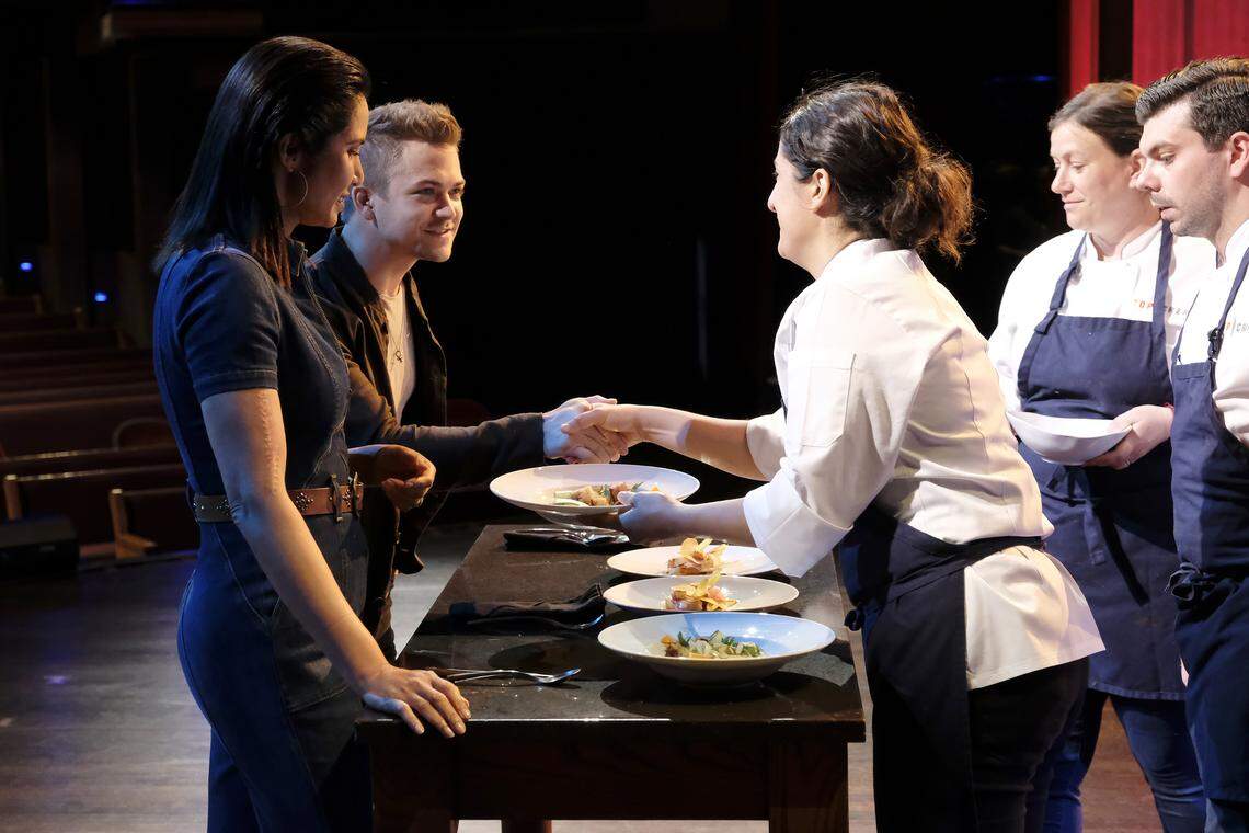 For the “Music City USA” episode of “Top Chef” Kentucky, we see Padma Lakshmi and singer Hunter Hayes sampling dishes made from his “rider” by chefs Michelle Minori, Sara Bradley and Eddie Konrad. Michelle went on to win the elimination challenge.