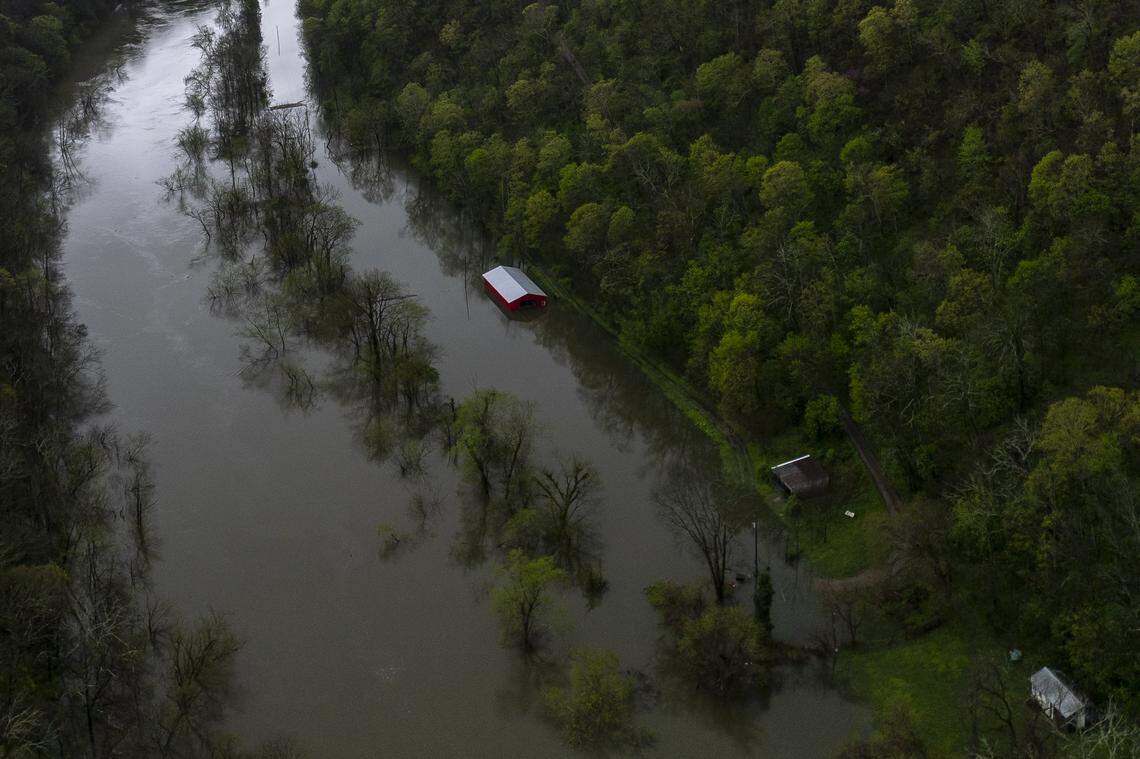 The Dix River floods near its confluence with the Kentucky River at the Mercer and Garrad county line on Saturday, April 5, 2025.