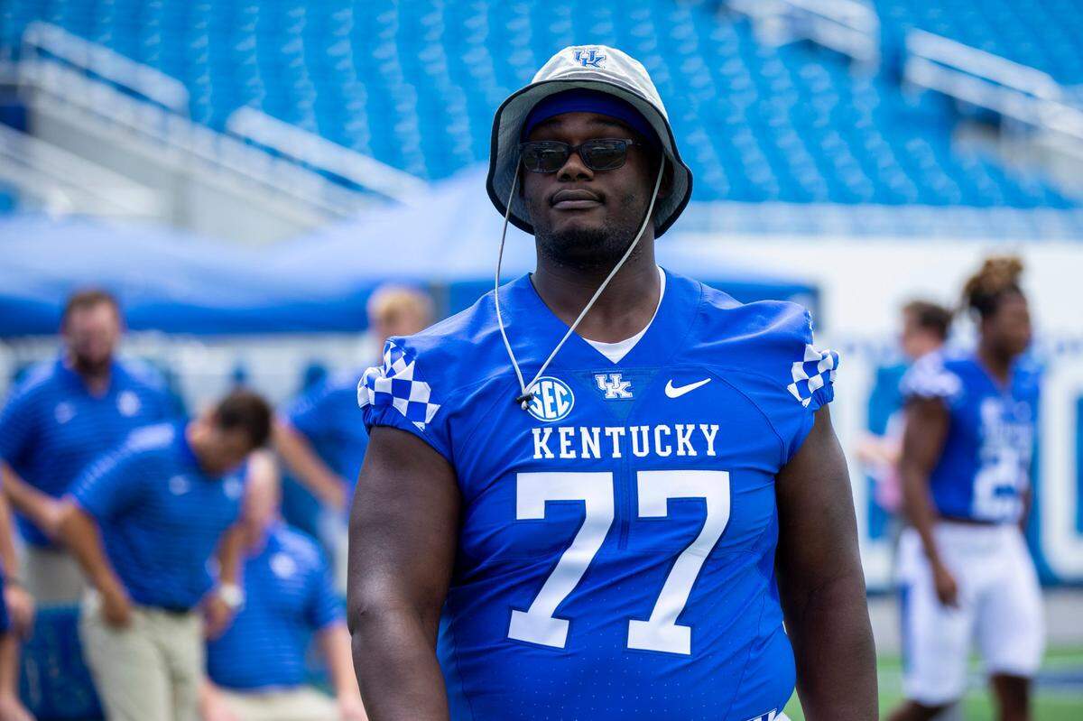 Junior Jeremy Flax (77) is projected to replace All-American Darian Kinnard as Kentucky’s starting right tackle.