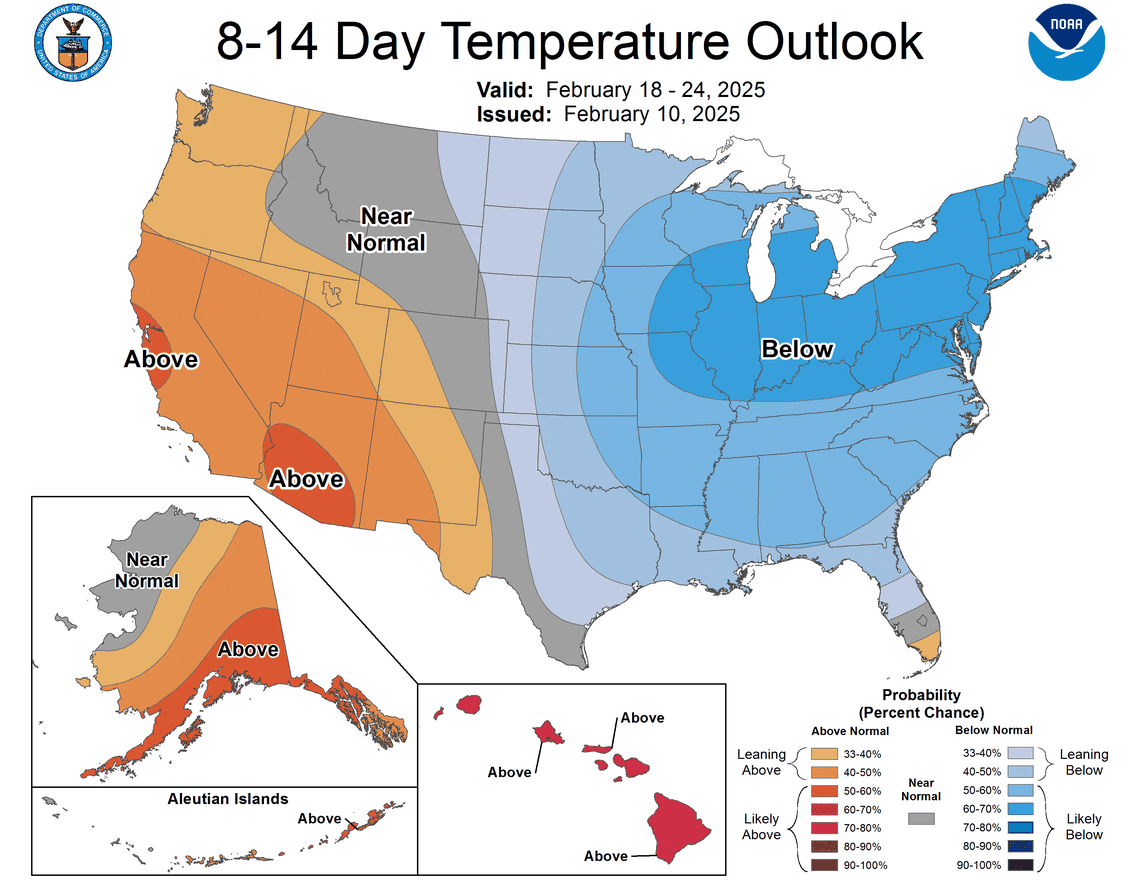 An outlook from the national Climate Prediction Center shows temperature probabilities for the U.S. between Feb. 18-24, 2025.