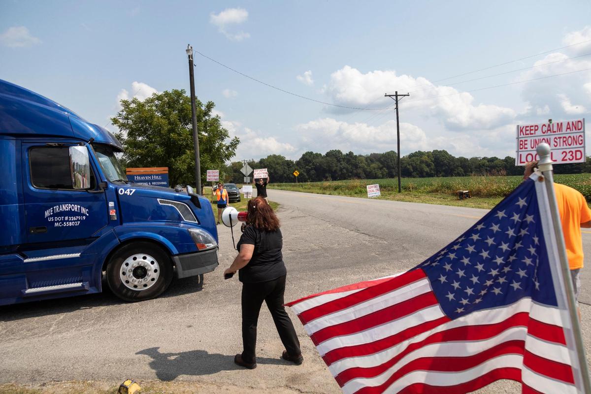 Bettye Jo Boone, a 30-year employee of Heaven Hill, pickets in front of Heaven Hill Distillery in Bardstown, Ky., Monday, September 13, 2021.
