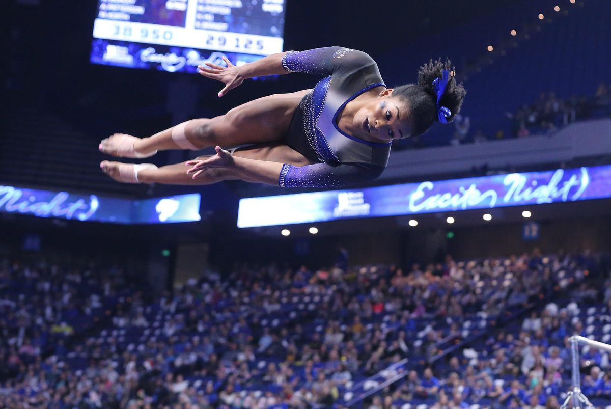 Kentucky’s Arianna Patterson twisted in the air during her vault at Excite Night in 2020. Patterson and the Wildcats will face Ball State at Excite Night on Friday night.