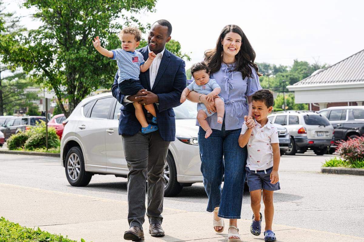 CRESTWOOD, KENTUCKY - MAY 19: Kentucky U.S. Senate candidate Daniel Cameron and his family arrive at South Oldham Middle School on May 19, 2026 in Crestwood, Kentucky. Kentuckians will decide today who from each party will compete for retiring Senator Mitch McConnell's seat in the upcoming midterm elections. (Photo by Jon Cherry/Getty Images)