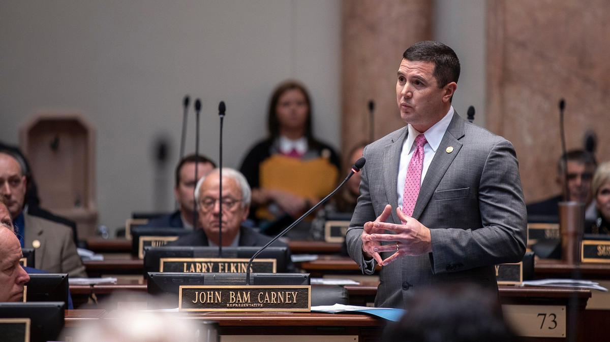 Kentucky Rep. David Meade speaks during the first day of the 2020 Legislative Session in the House of Representatives Chambers at the state Capitol in Frankfort, Ky., Tuesday, Jan. 7, 2020.