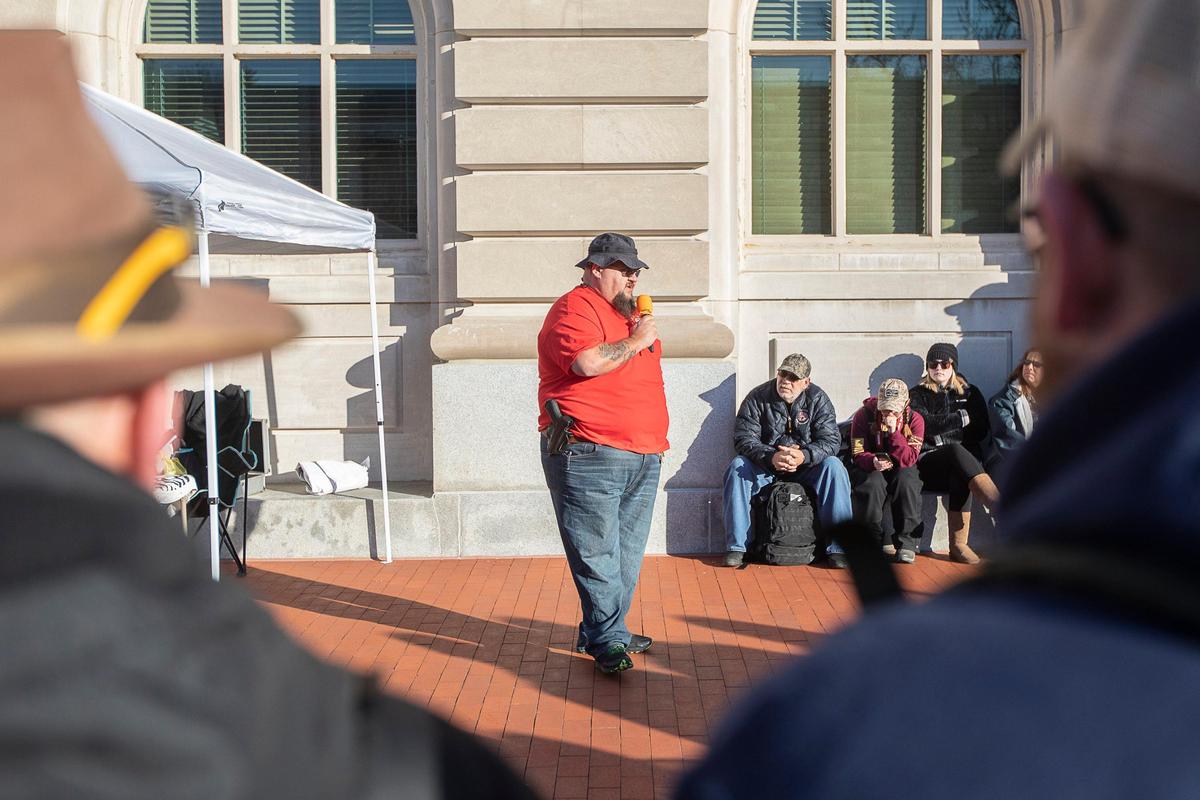 David Gardner, of Somerset, speaks during a rally in support of the Second Amendment at the State Capitol in Frankfort, Ky., Tuesday, Jan. 7, 2020.