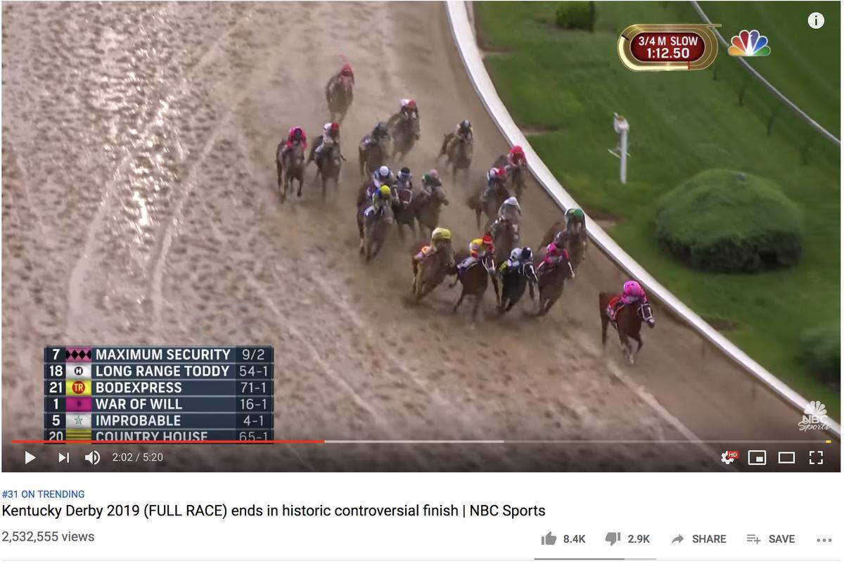 At the 2:02 mark, Maximum Security is back inside the puddle line. Now War of Will has a clear lane and will begin to accelerate, Casse said.